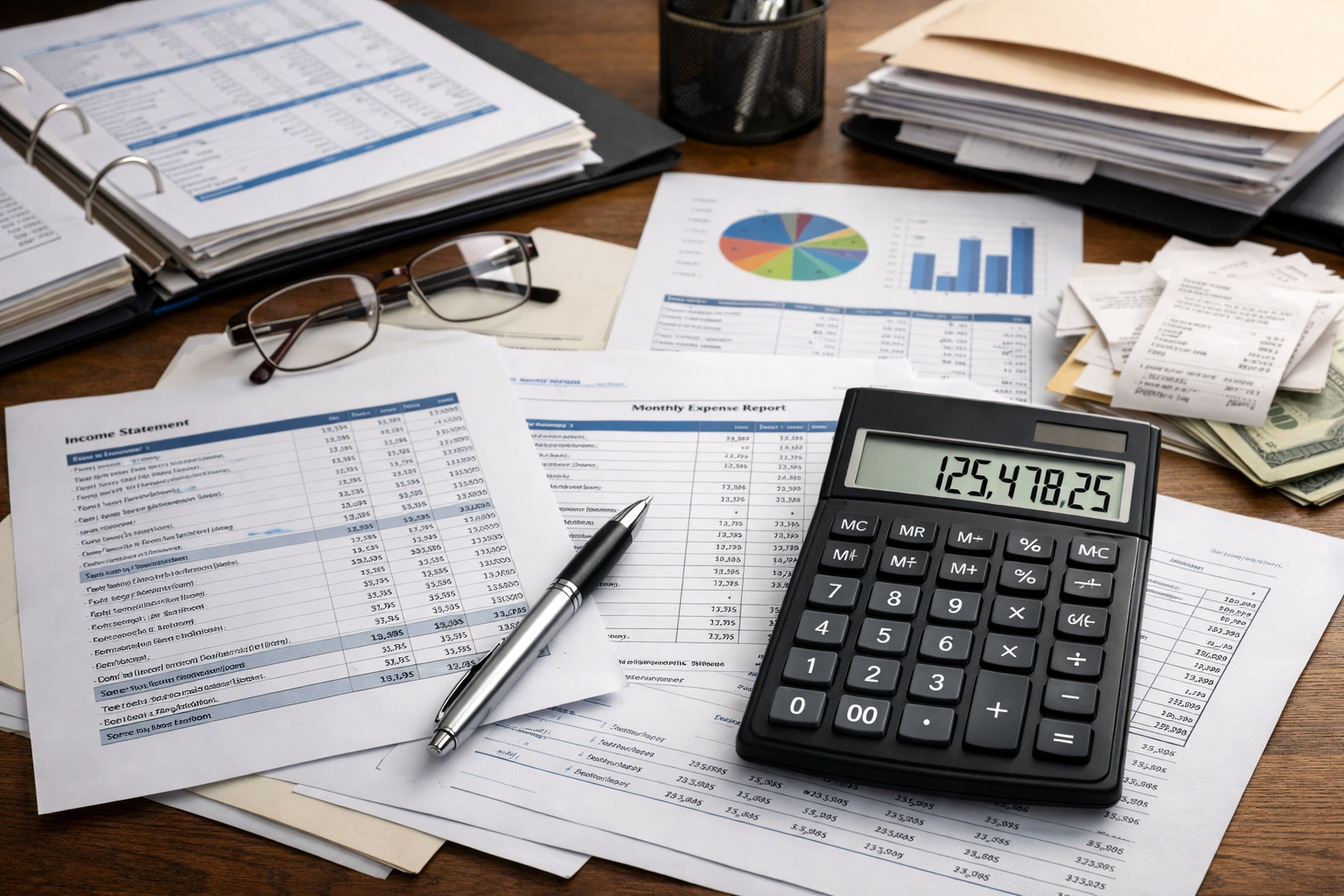 Dokumenty księgowe i kalkulator na biurku