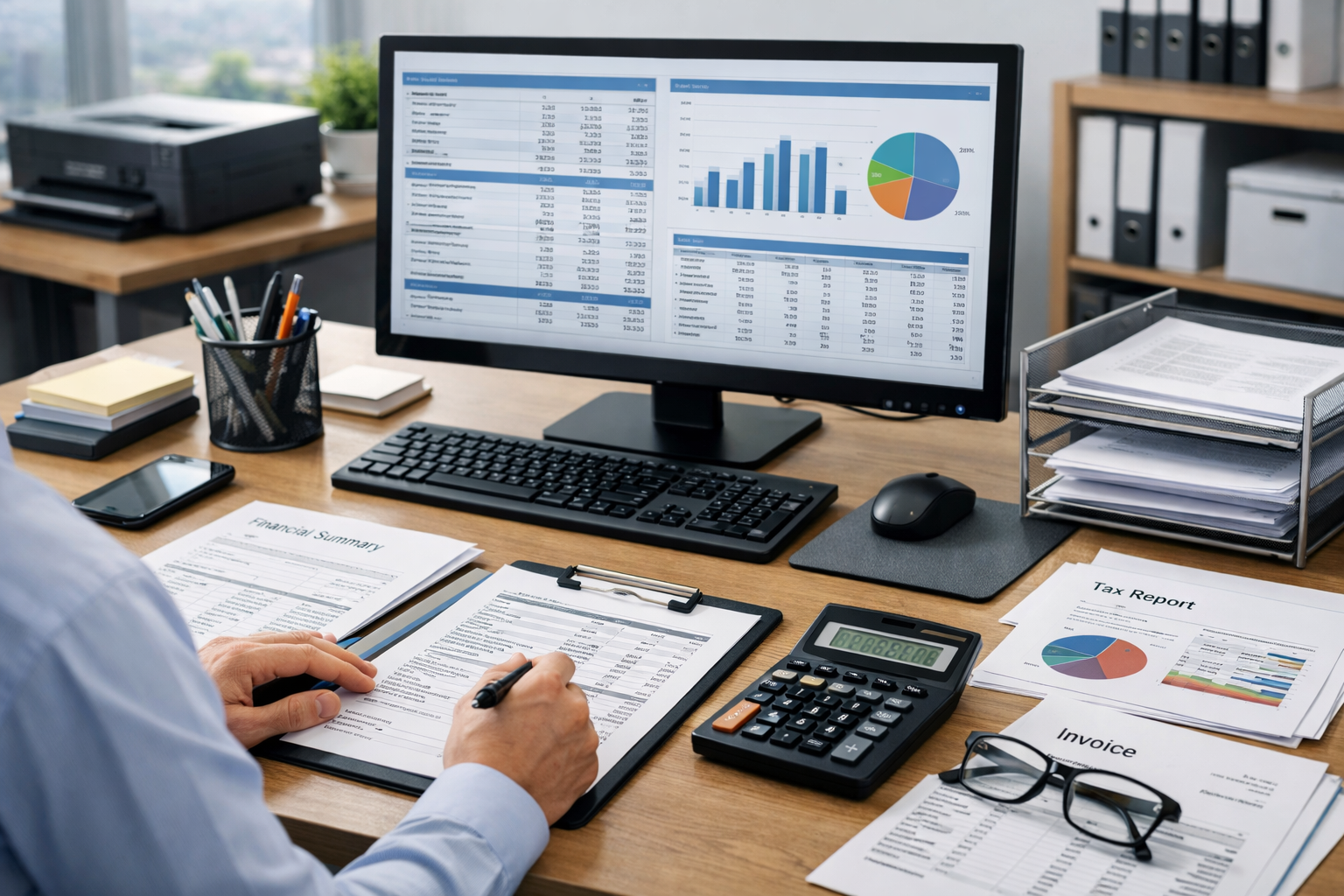 Biuro rachunkowe z komputerem i dokumentami